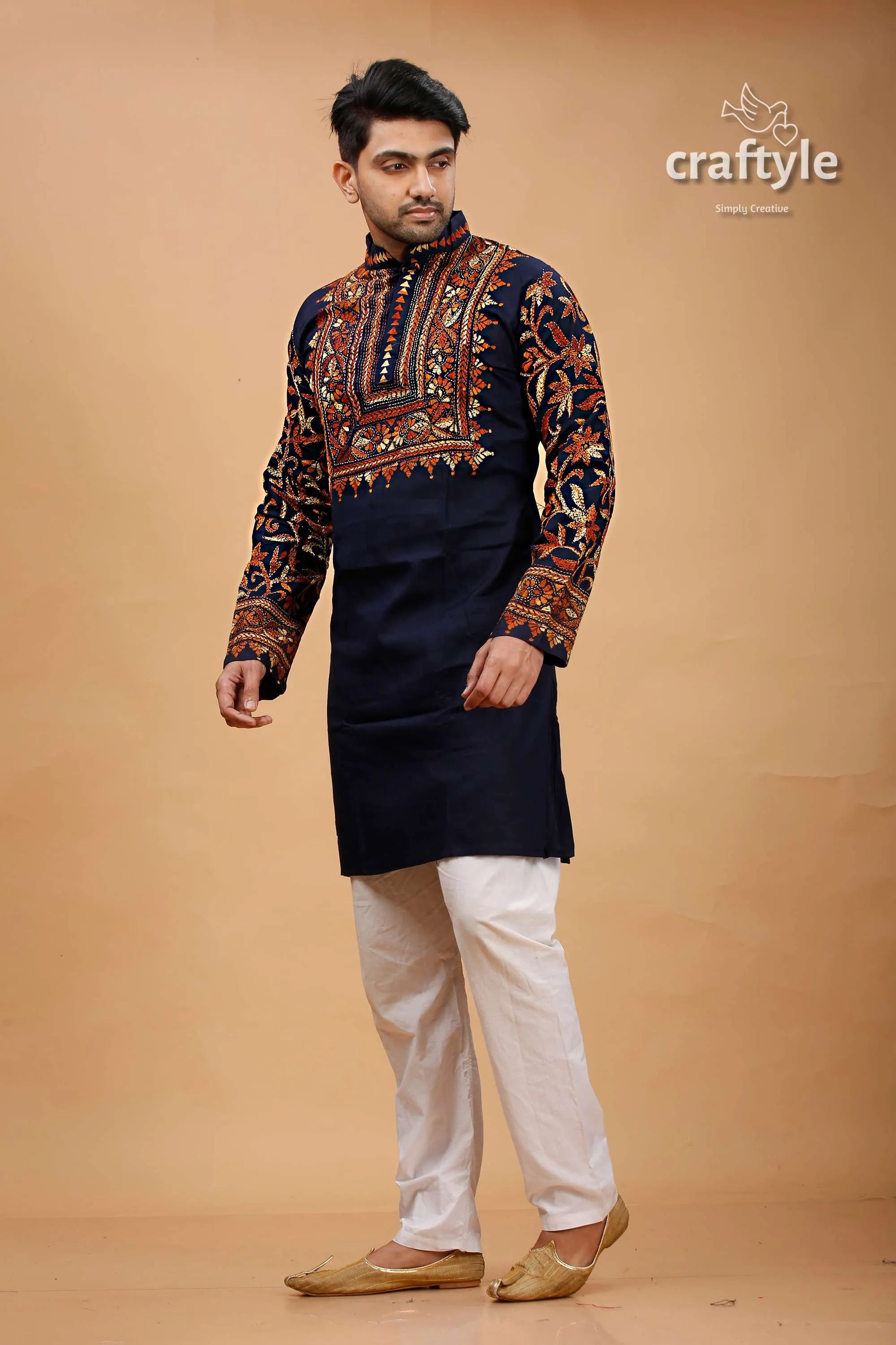 Dark navy blue and brown kantha stitch cotton mens kurta intricate orange 3