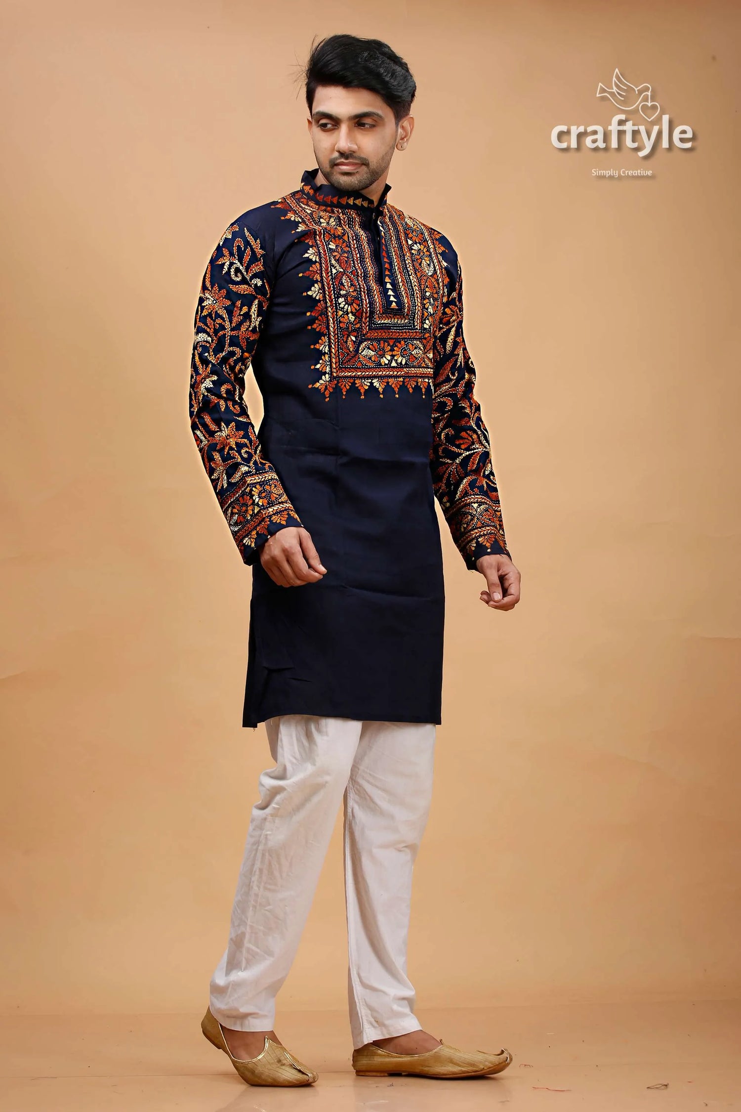 Dark navy blue and brown kantha stitch cotton mens kurta embroidered intricate 4