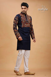 Dark navy blue and brown kantha stitch cotton mens kurta embroidered intricate 4
