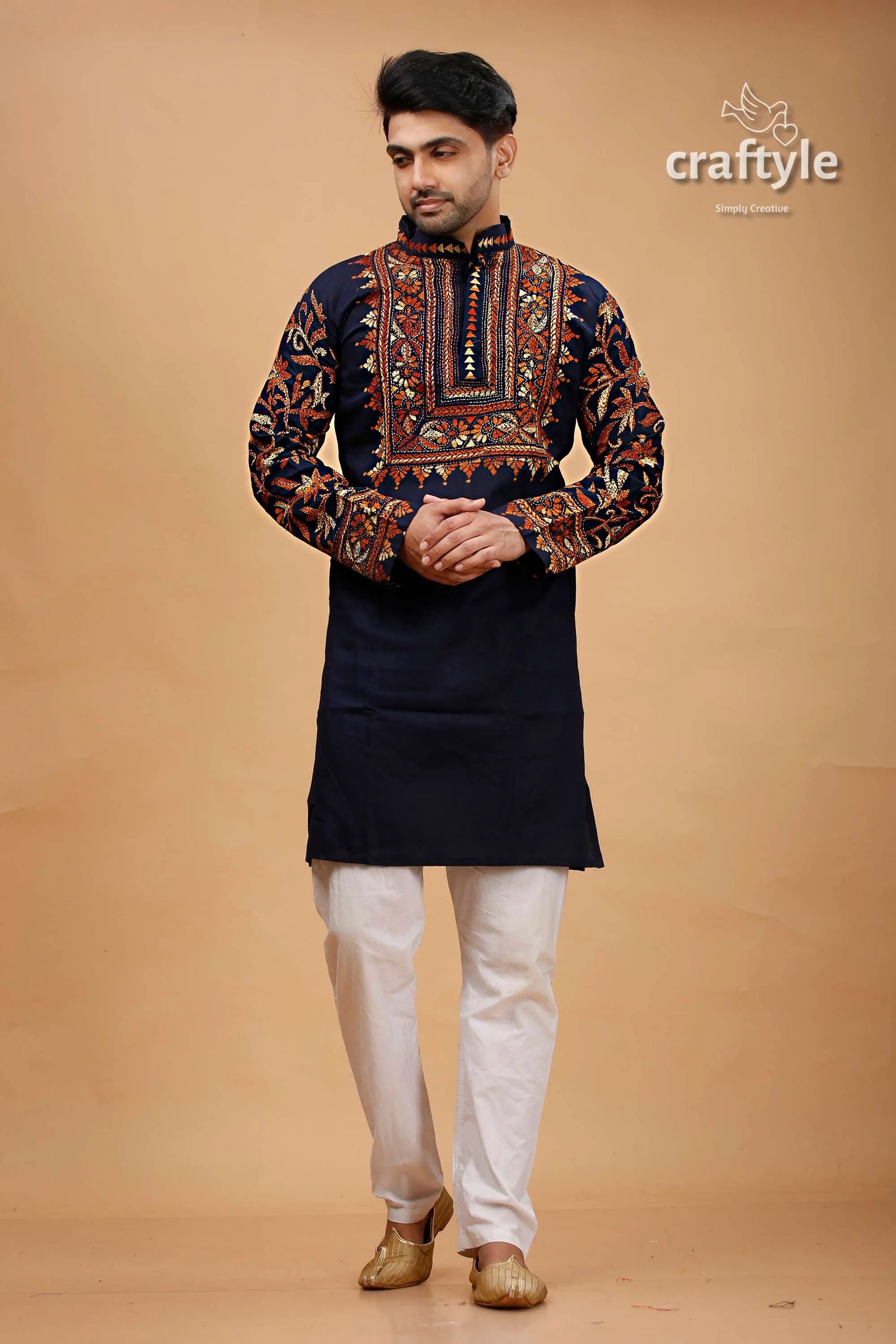 Dark navy blue and brown kantha stitch cotton mens kurta intricate red 1