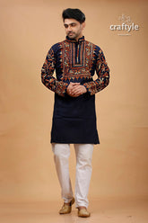 Dark navy blue and brown kantha stitch cotton mens kurta intricate red 1