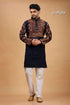 Dark navy blue and brown kantha stitch cotton mens kurta intricate red 1