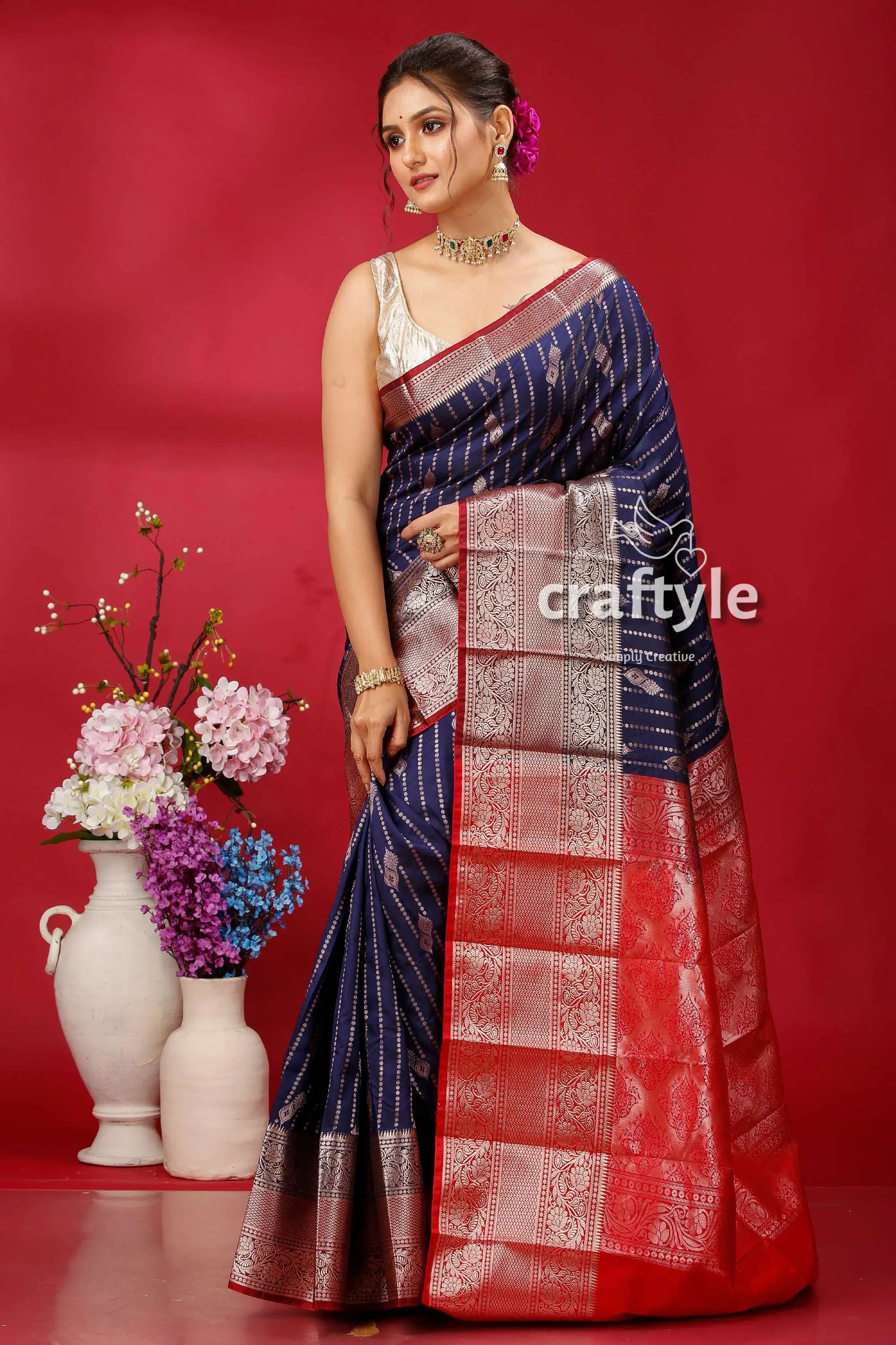 Dark navy blue kosha silk saree - vibrant and stylish elegant blue red saree 3