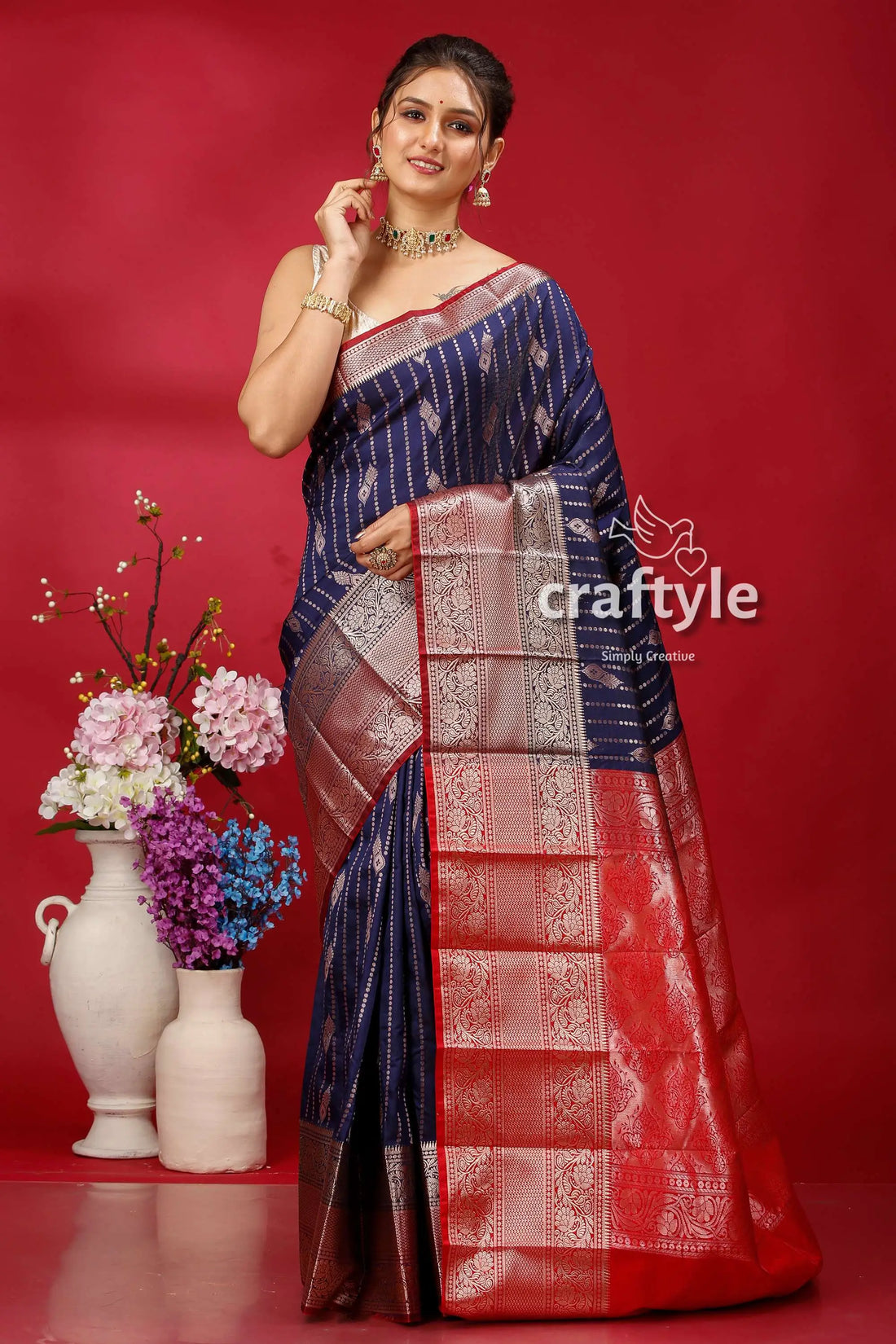 Dark navy blue kosha silk saree - vibrant and stylish woman blue red saree 1