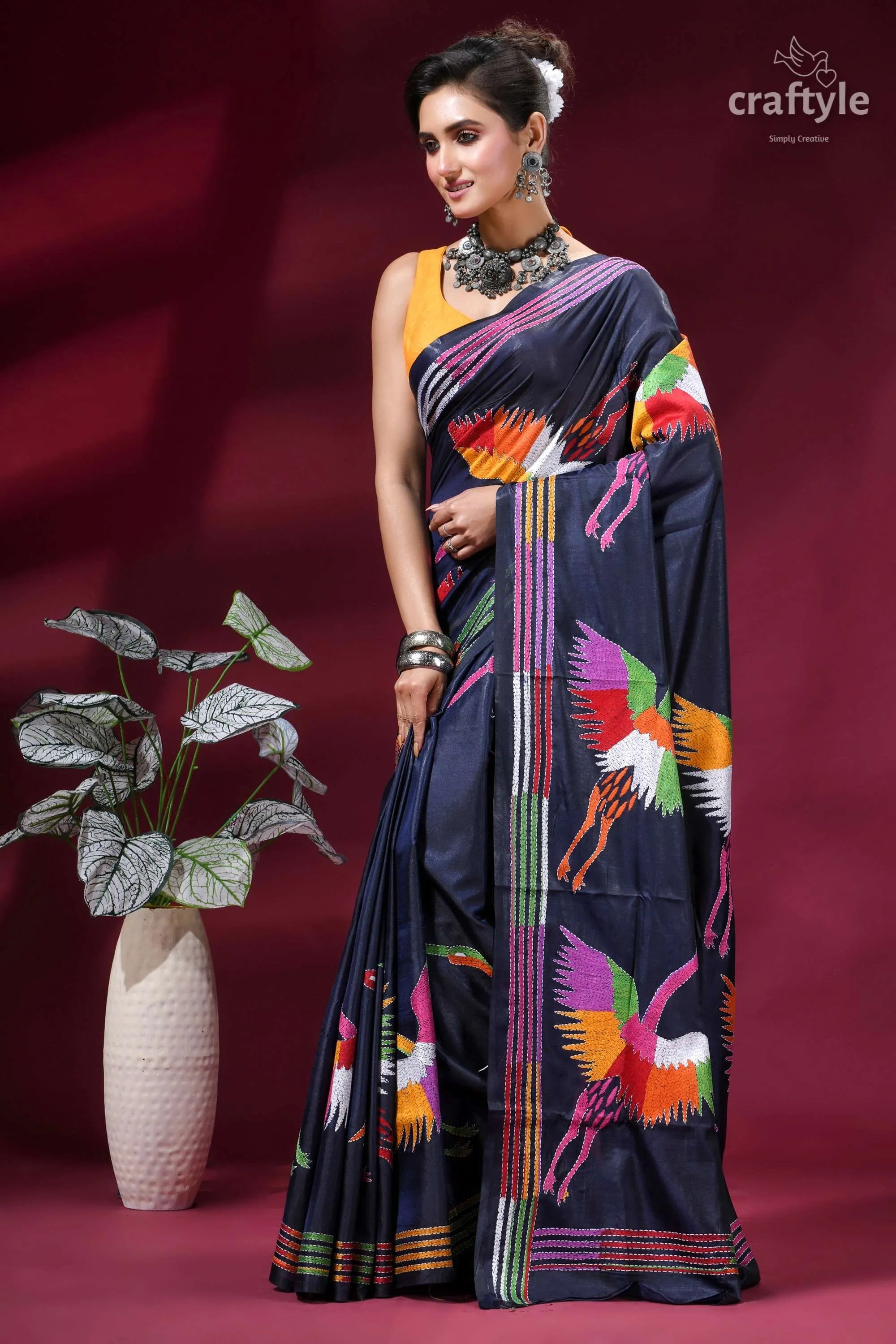 Dark navy blue silk kantha stitch saree with multicolor heron design navy blue saree vibrant multicolored 3