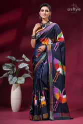 Dark navy blue silk kantha stitch saree with multicolor heron design navy blue silk saree adorned 6
