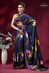 Dark navy blue silk kantha stitch saree with multicolor heron design navy blue silk saree adorned 4