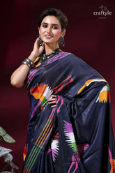 Dark navy blue silk kantha stitch saree with multicolor heron design navy blue silk saree vibrant 2