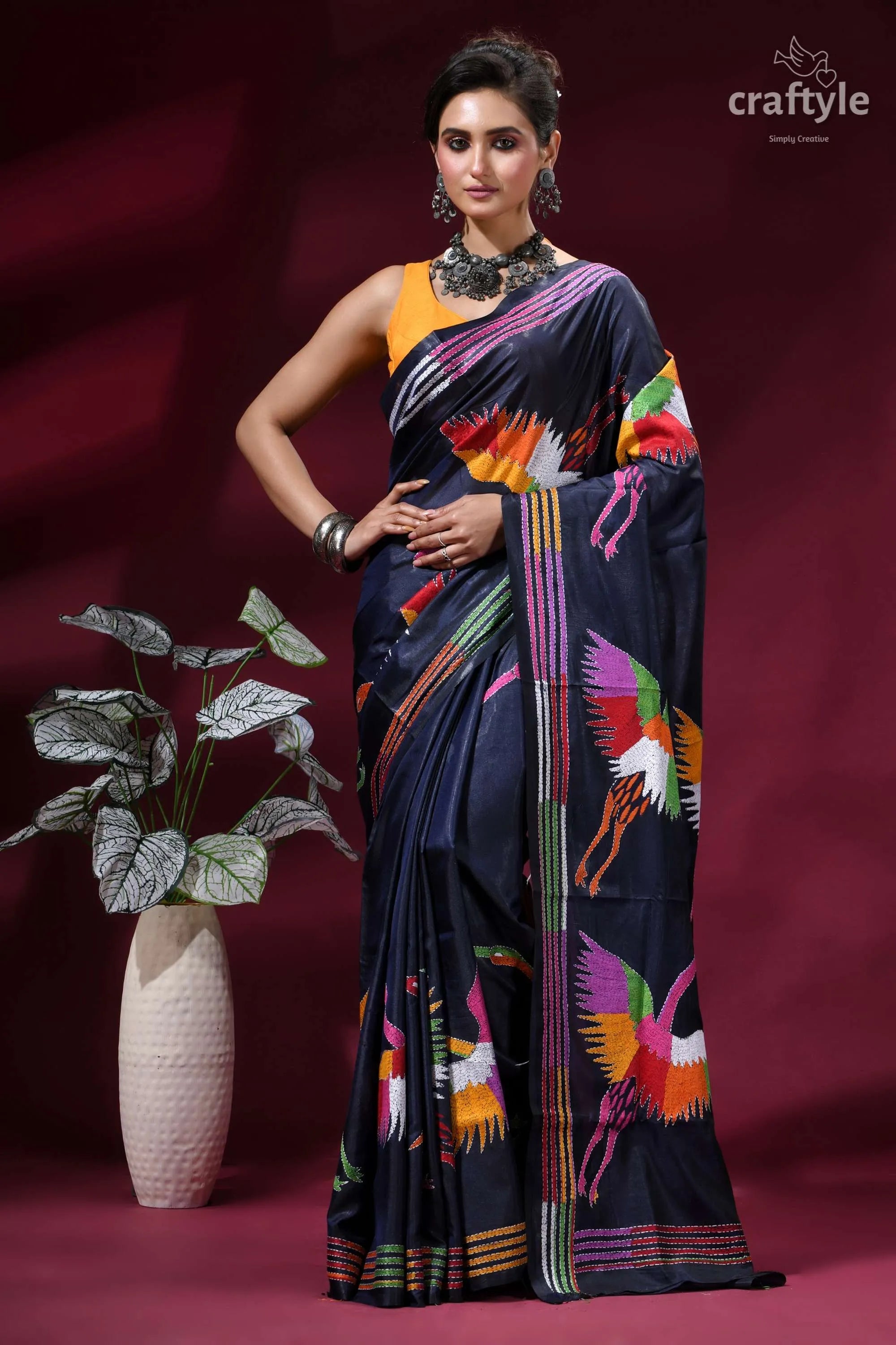 Dark navy blue silk kantha stitch saree with multicolor heron design navy blue silk saree adorned 1