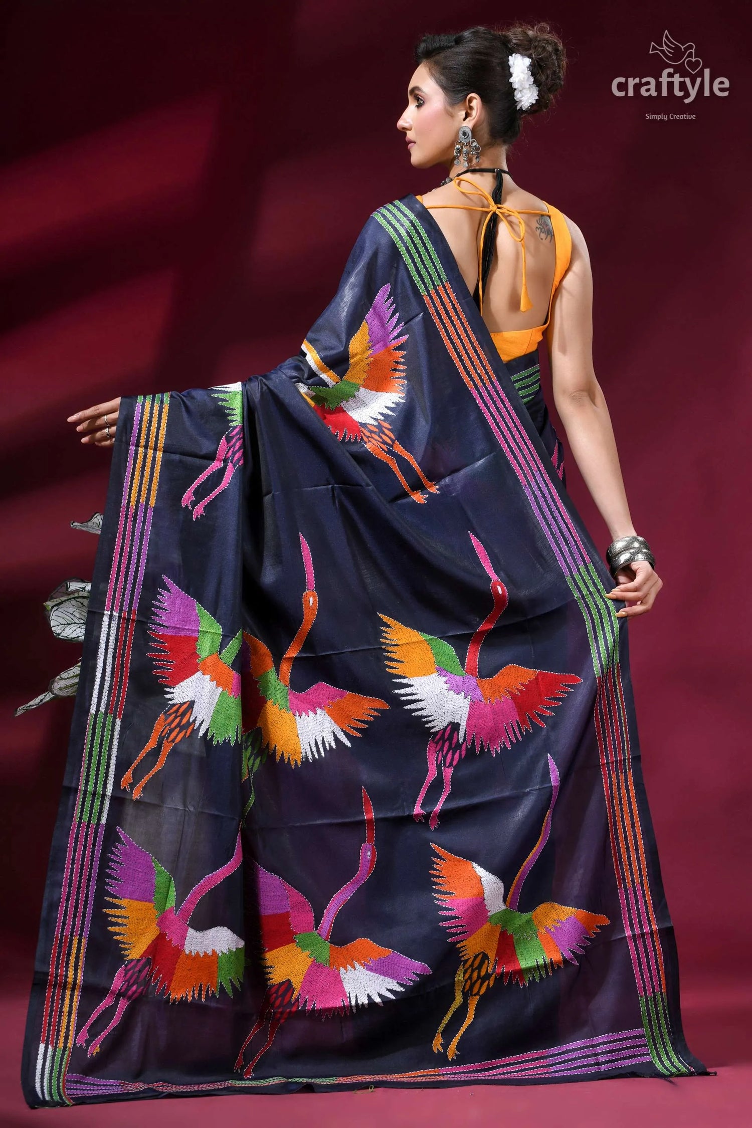 Dark navy blue silk kantha stitch saree with multicolor heron design navy blue silk saree adorned 5