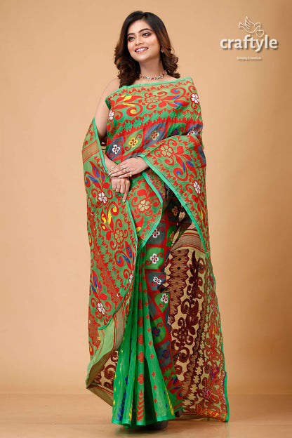 Dark Pastel Green Bengal Handloom Jamdani Sari-Craftyle