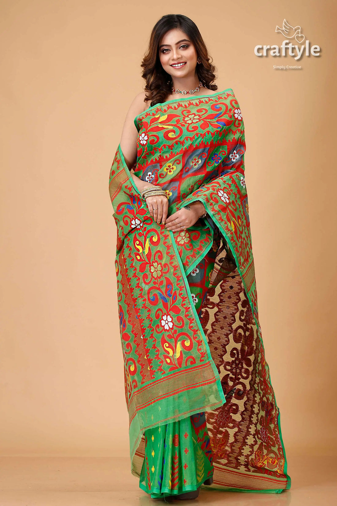 Dark pastel green bengal handloom jamdani sari woman colorful saree 1