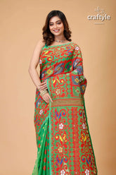 Dark pastel green bengal handloom jamdani sari green red patterned saree 2