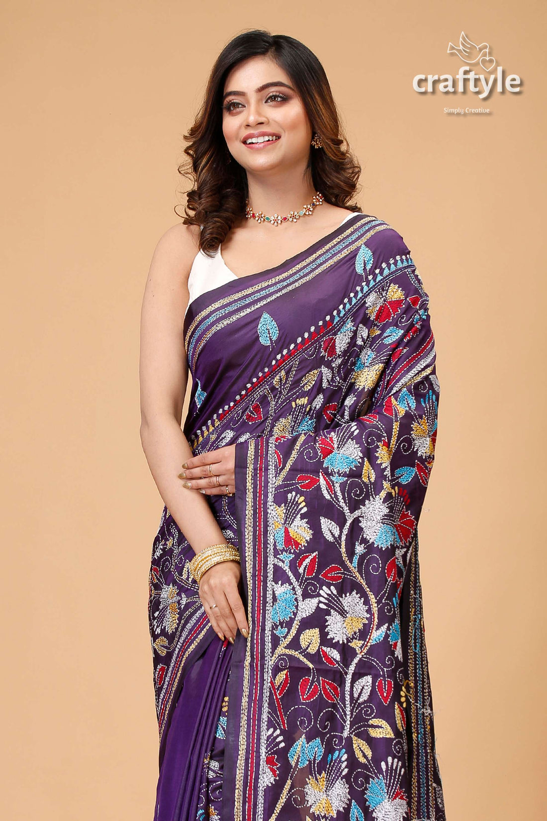 Dark Purple Floral Design Exquisite Kantha Stitch Saree - Craftyle