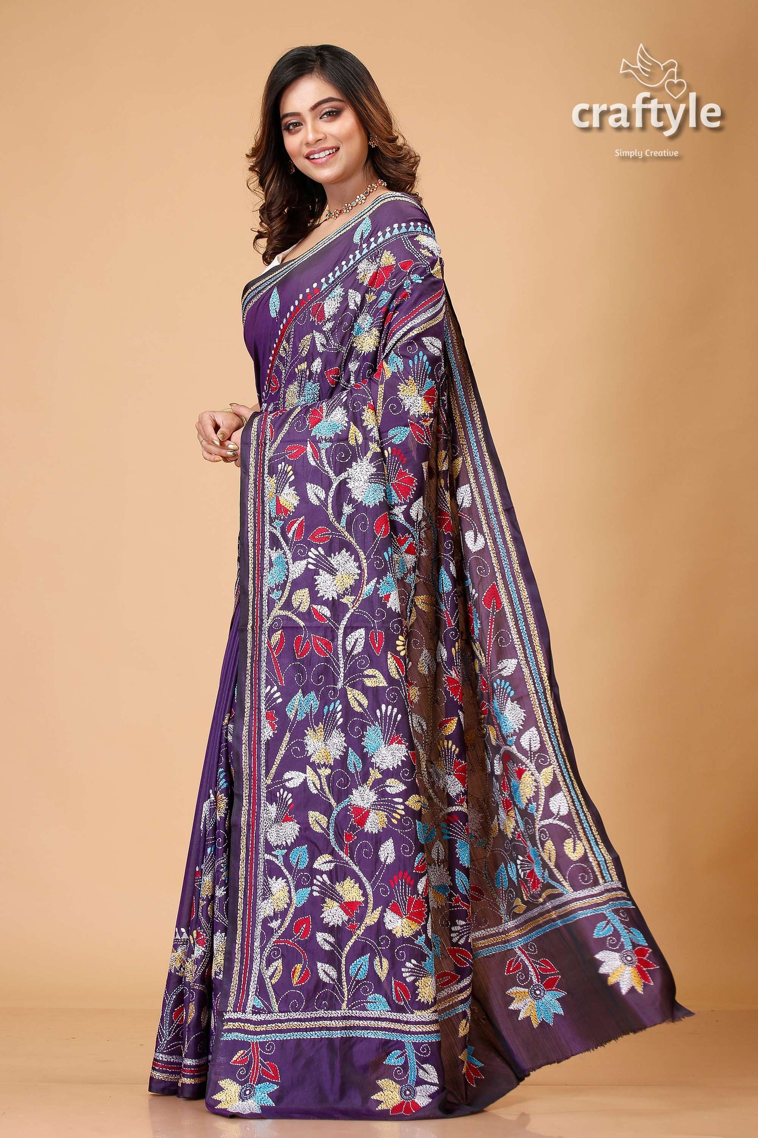 Dark Purple Floral Design Exquisite Kantha Stitch Saree - Craftyle