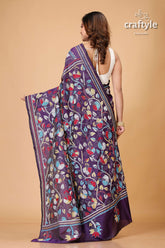 Dark Purple Floral Design Exquisite Kantha Stitch Saree - Craftyle