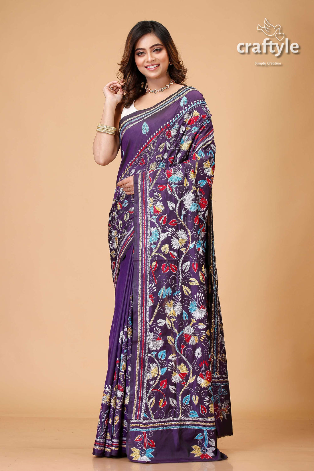 Dark Purple Floral Design Exquisite Kantha Stitch Saree - Craftyle