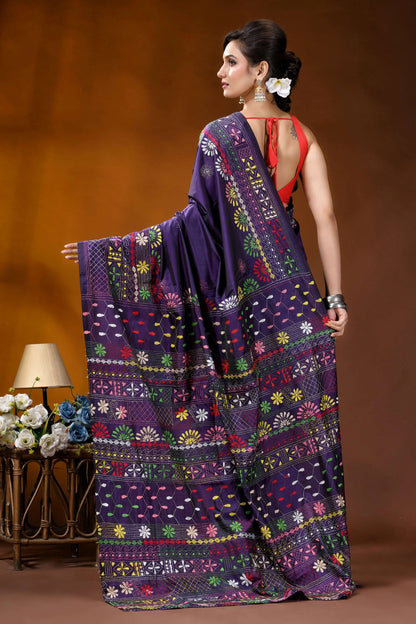 Dark purple multi-thread floral motif handcrafted lambani silk saree vibrant purple saree adorned intricate 4