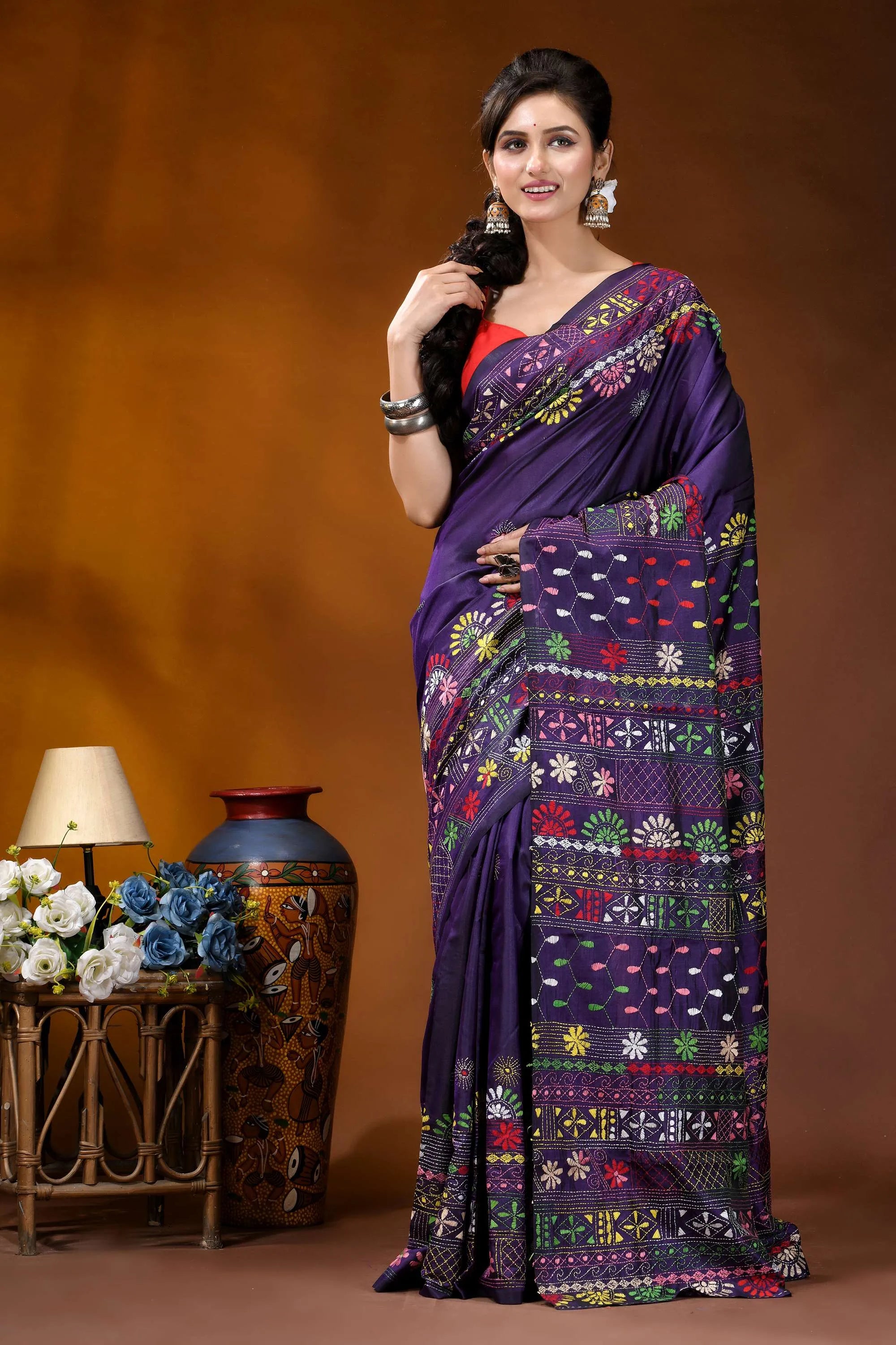 Dark purple multi-thread floral motif handcrafted lambani silk saree vibrant purple saree adorned intricate 6