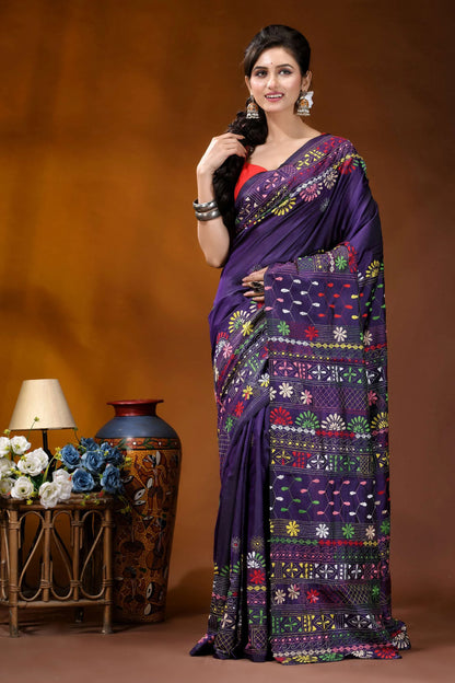 Dark purple multi-thread floral motif handcrafted lambani silk saree vibrant purple saree adorned intricate 6