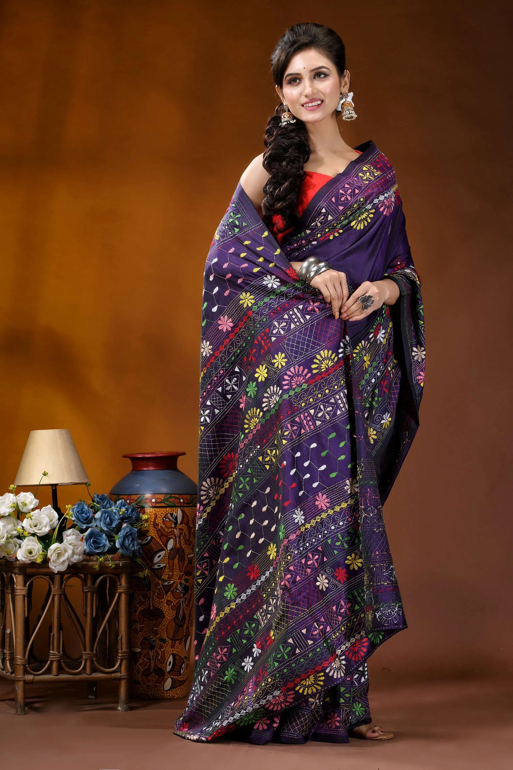 Dark purple multi-thread floral motif handcrafted lambani silk saree vibrant purple saree intricate floral 5
