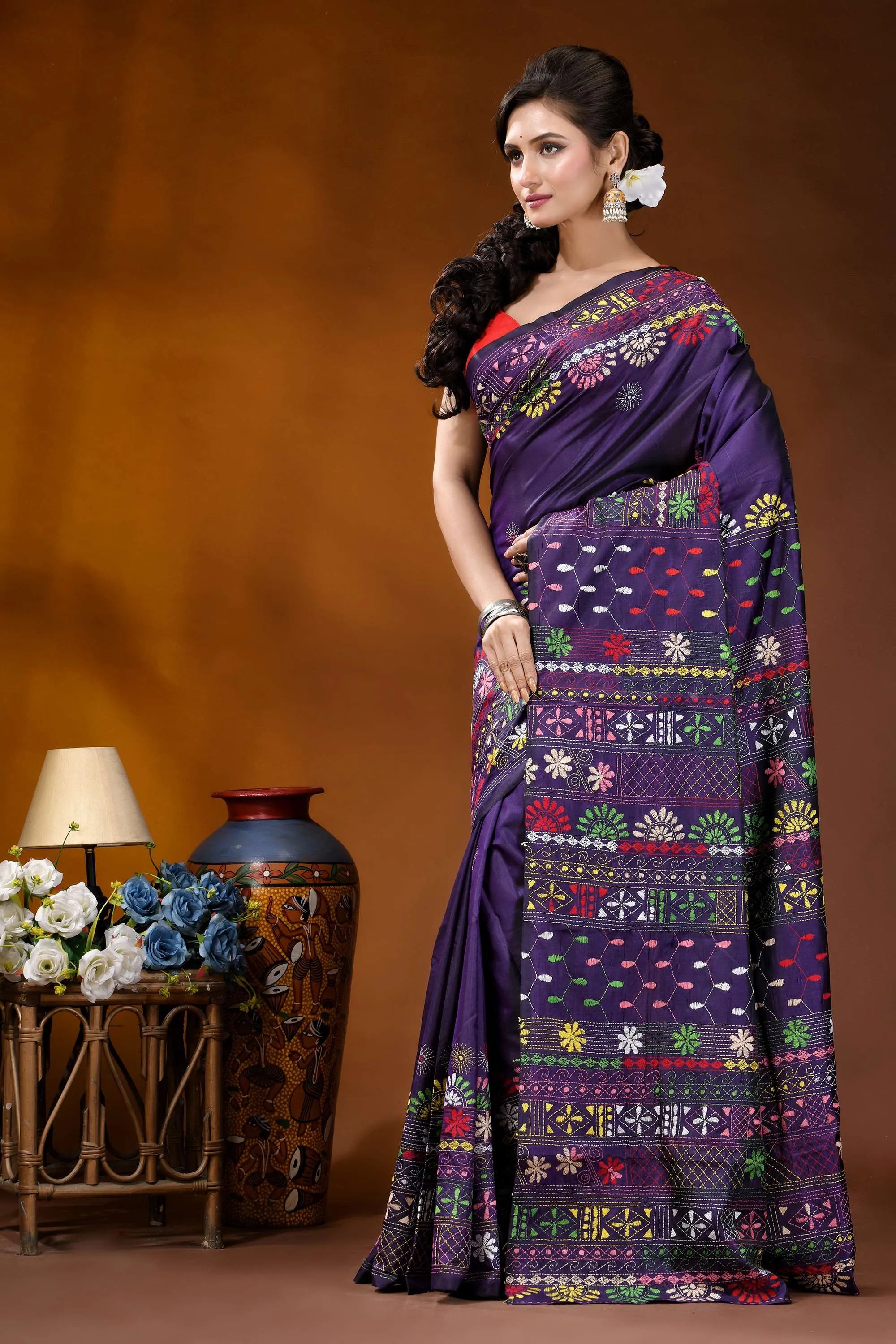Dark purple multi-thread floral motif handcrafted lambani silk saree vibrant purple saree adorned intricate 3