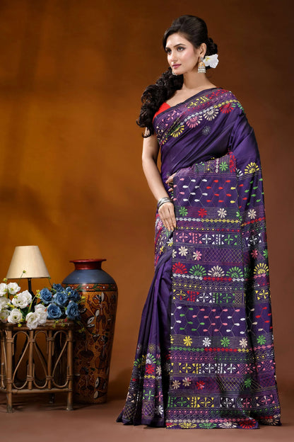 Dark purple multi-thread floral motif handcrafted lambani silk saree vibrant purple saree adorned intricate 3
