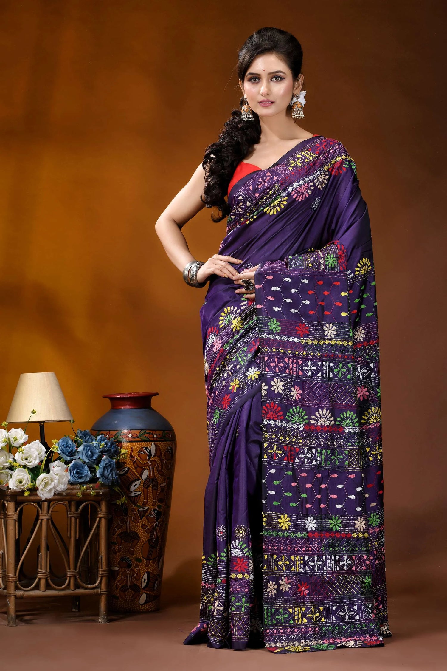Dark purple multi-thread floral motif handcrafted lambani silk saree rich purple saree adorned intricate 1