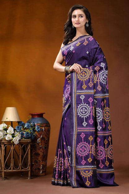 Dark purple multithread circular motif kutch embroidery silk saree rich purple silk saree adorned 3