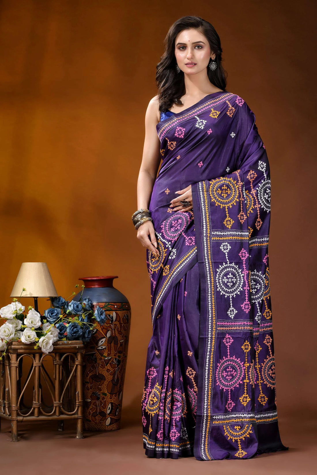 Dark purple multithread circular motif kutch embroidery silk saree rich purple silk saree adorned 1