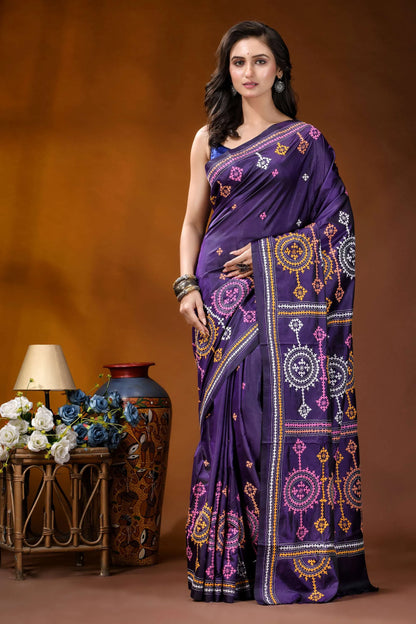 Dark purple multithread circular motif kutch embroidery silk saree rich purple silk saree adorned 1