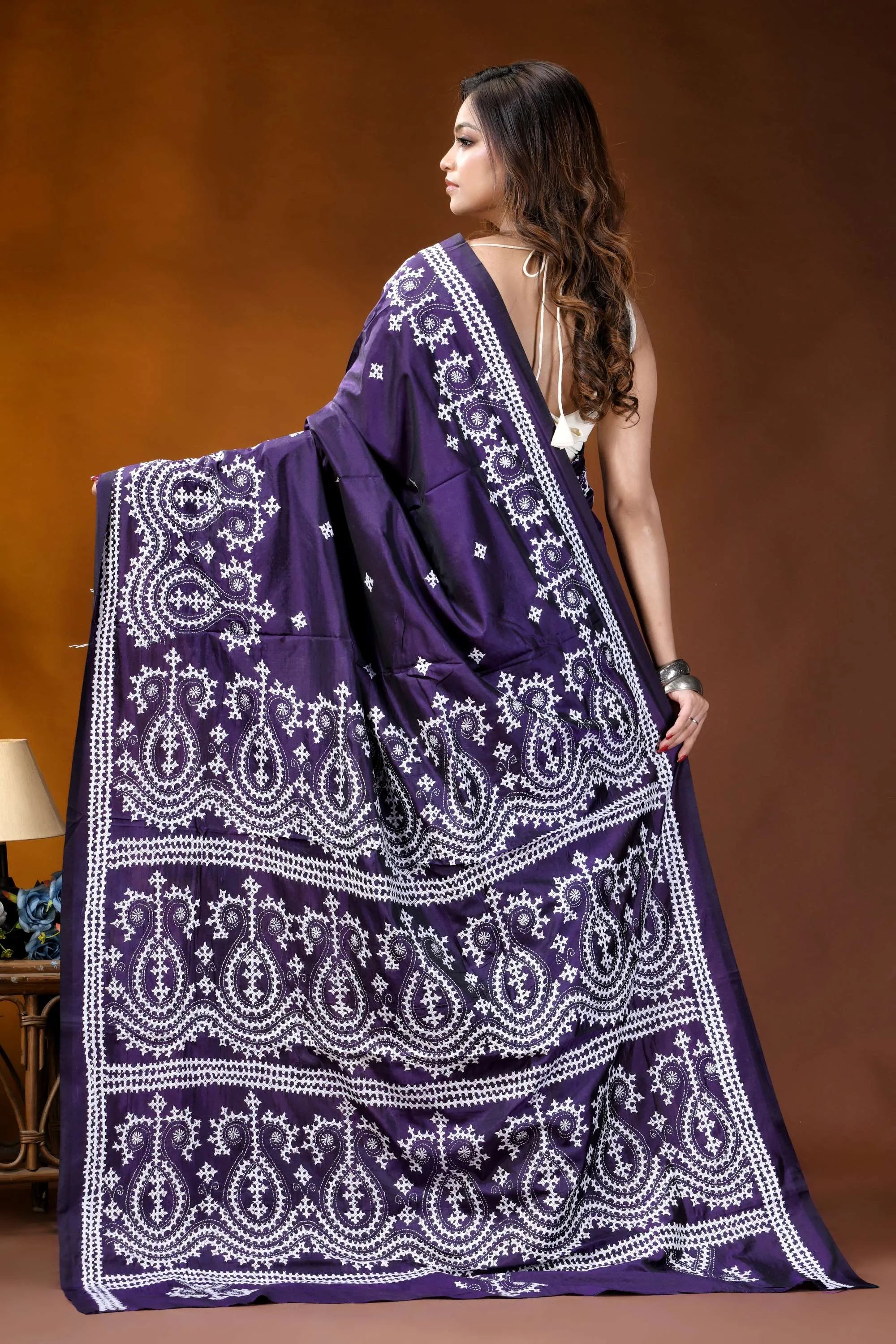 Dark purple paisley motif kutch embroidered silk saree - handmade rich purple saree intricate white 5