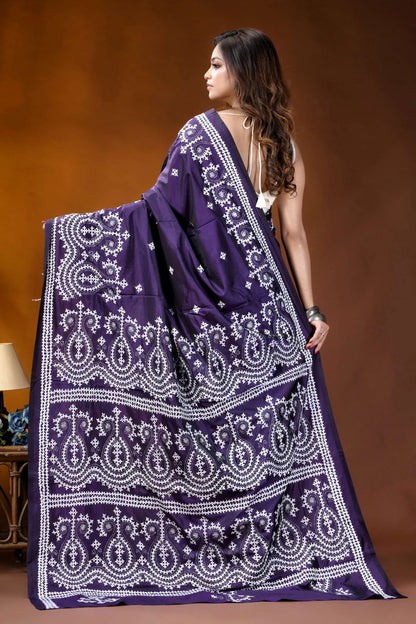 Dark purple paisley motif kutch embroidered silk saree - handmade rich purple saree intricate white 5