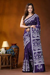 Dark purple paisley motif kutch embroidered silk saree - handmade deep purple saree intricate white 1