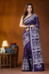 Dark purple paisley motif kutch embroidered silk saree - handmade deep purple saree intricate white 1