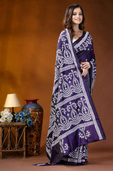 Dark purple paisley motif kutch embroidered silk saree - handmade woman wears deep purple saree 4