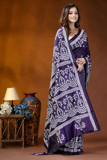 Dark purple paisley motif kutch embroidered silk saree - handmade woman wears deep purple saree 4