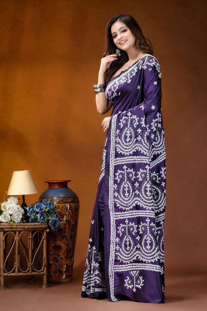 Dark purple paisley motif kutch embroidered silk saree - handmade woman wears deep purple saree 3