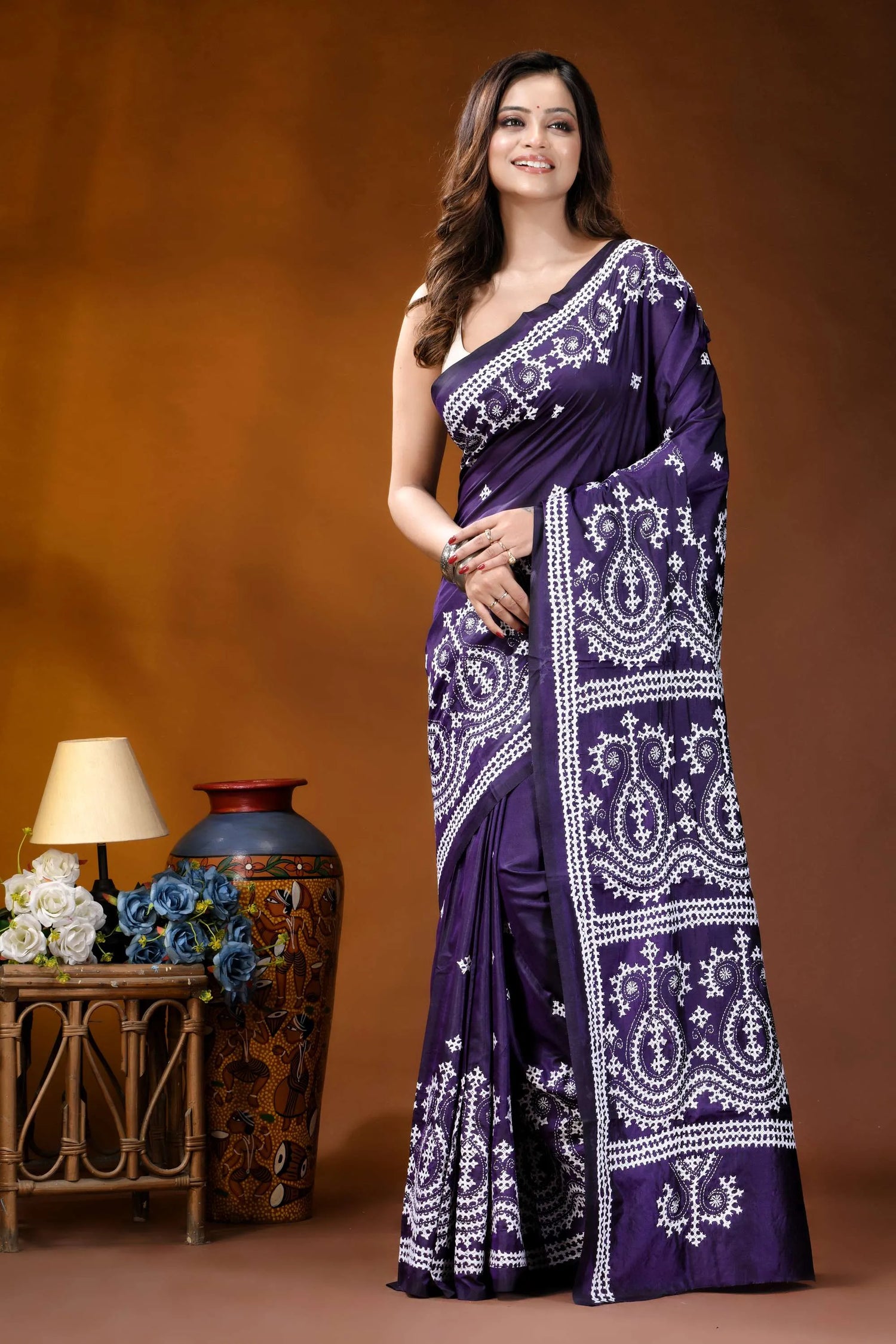 Dark purple paisley motif kutch embroidered silk saree - handmade deep purple saree intricate white 6