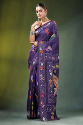 Dark purple peacock motif handcrafted silk kantha stitch saree vibrant adorned intricate 1
