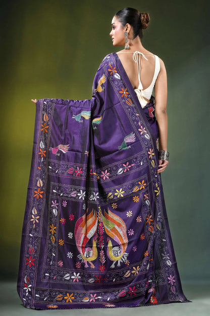 Dark purple peacock motif handcrafted silk kantha stitch saree rich adorned 5