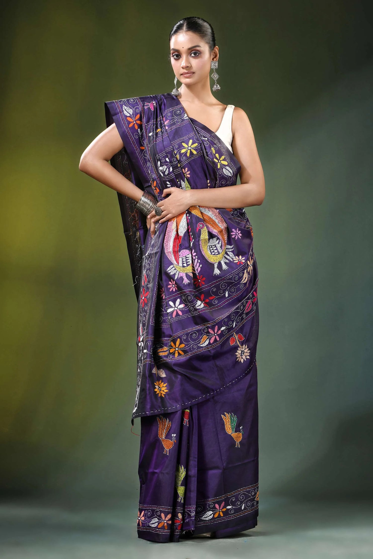 Dark purple peacock motif handcrafted silk kantha stitch saree rich adorned 4