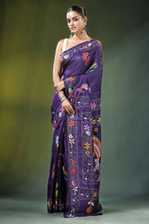Dark purple peacock motif handcrafted silk kantha stitch saree vibrant adorned intricate 6