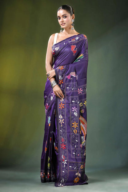 Dark purple peacock motif handcrafted silk kantha stitch saree vibrant adorned intricate 6