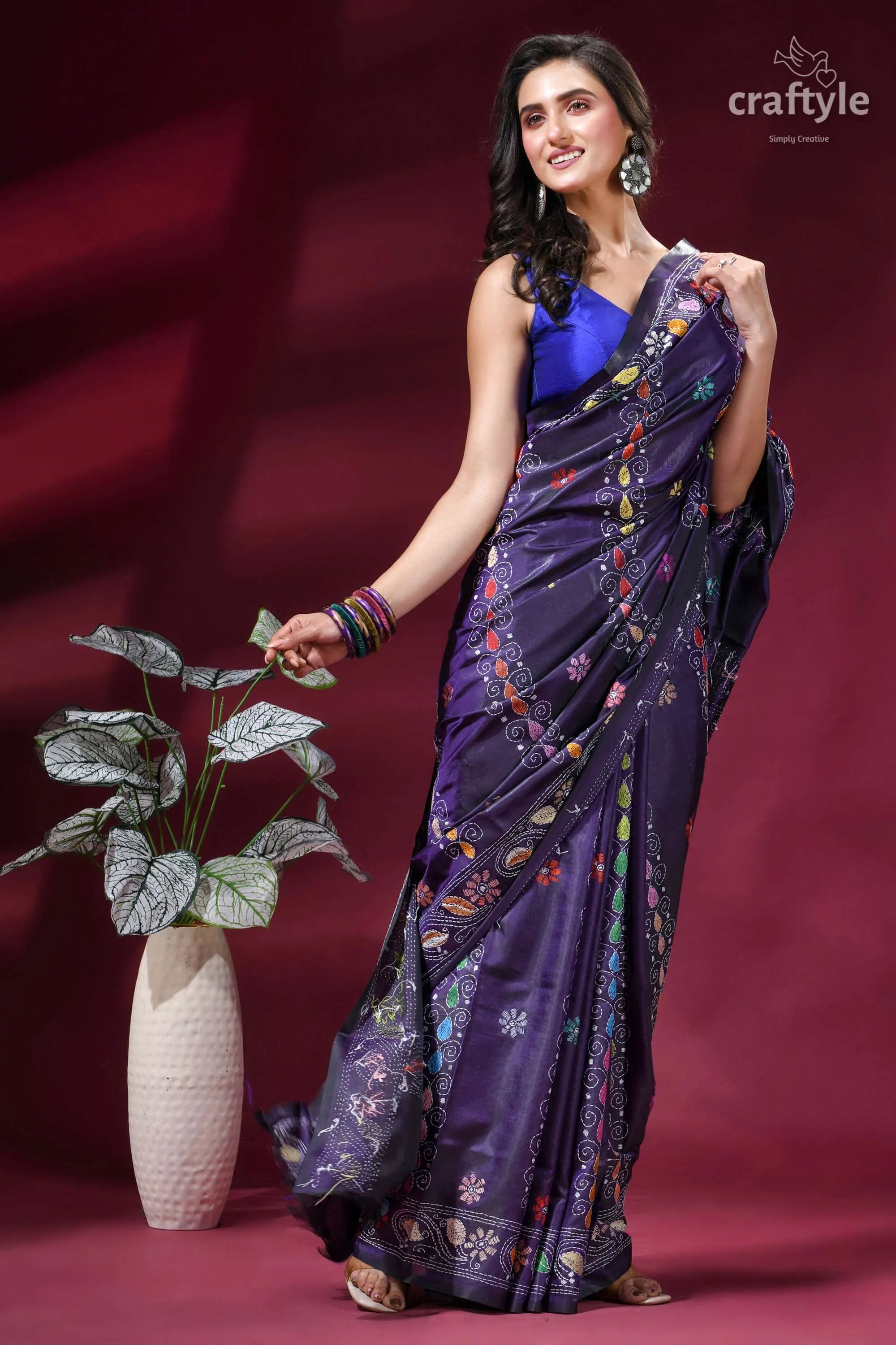 Dark purple silk kantha embroidery saree with palki theme woman wears vibrant purple saree 5
