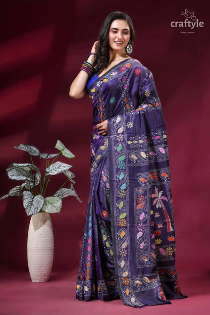 Dark purple silk kantha embroidery saree with palki theme richly embroidered purple saree intricate 3
