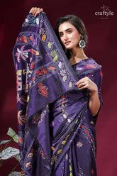 Dark purple silk kantha embroidery saree with palki theme richly embroidered purple silk saree 2