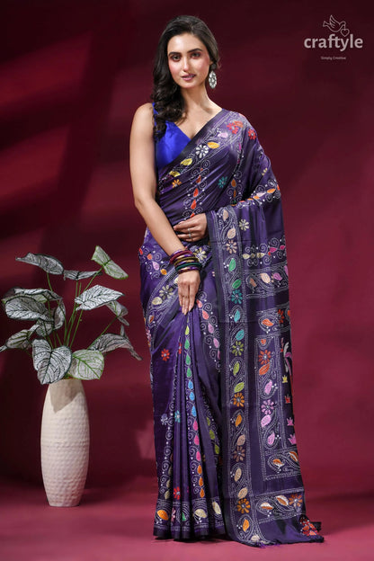 Dark purple silk kantha embroidery saree with palki theme deep purple saree intricate colorful 1