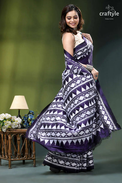 Dark purple white hand embroidered silk kantha saree woman purple white patterned saree 4