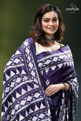 Dark purple white hand embroidered silk kantha saree purple white patterned saree intricate 2